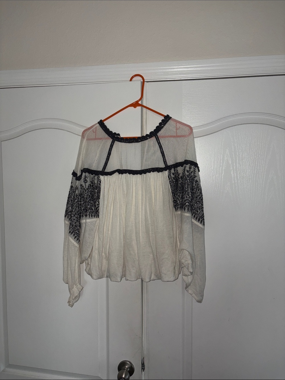 Free People Mixed Media Embroidered Mesh Crop Blouse Top Cream Black M